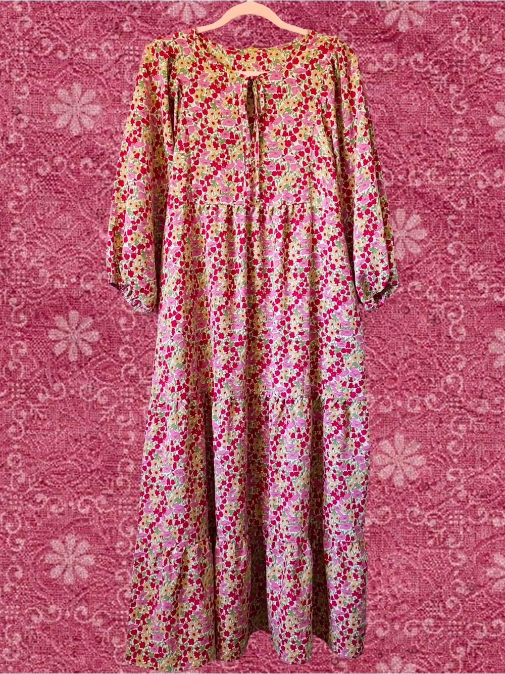 70’s Retro Style Floral Pink & Red Flowy Tiered Maxi Dress Sz XL/XXL